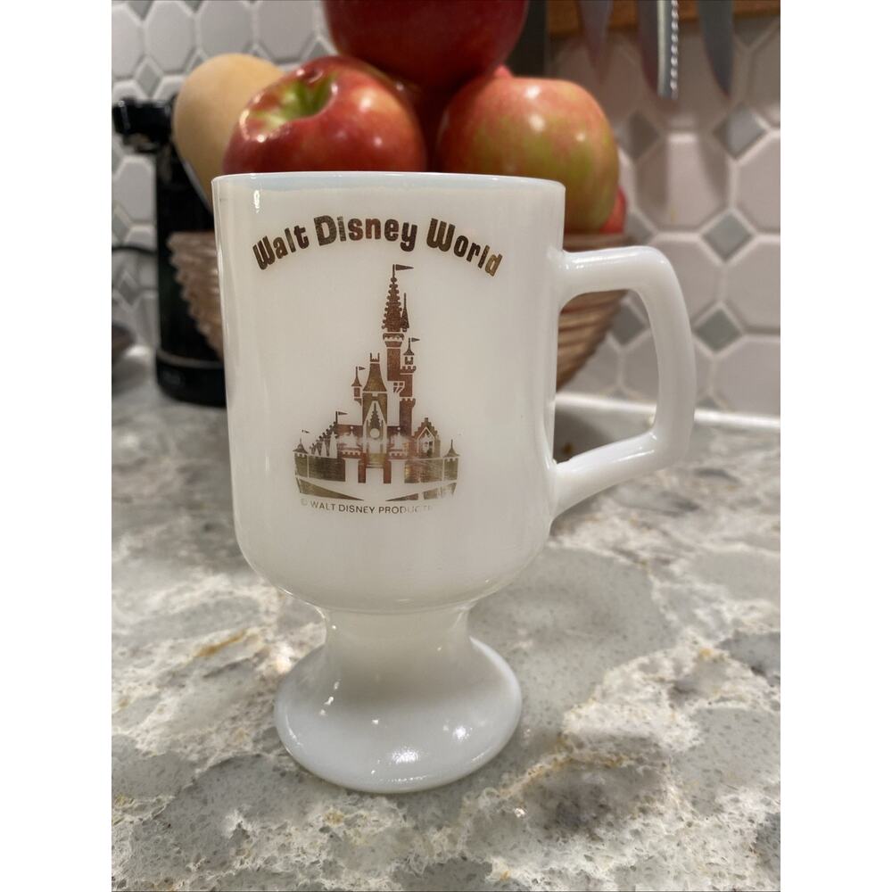 Vintage Walt Disney World White Gold Milk Glass Pedestal Coffee Mug Cup Handle